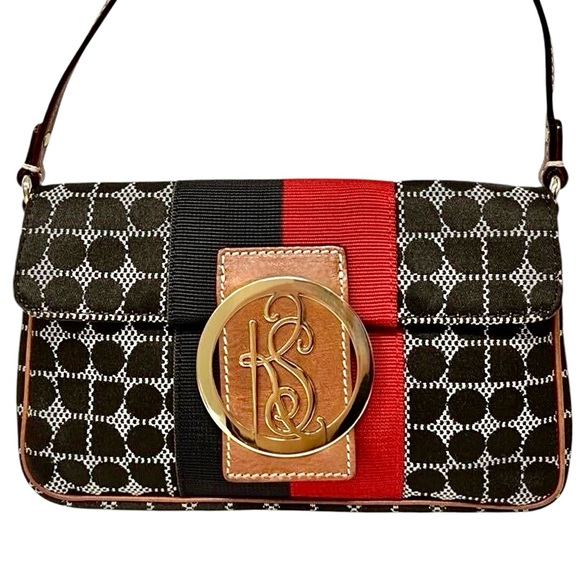 Kate Spade Dot Noel Jacquard Shoulder Bag Black Red Brown Leather Gold Hardware - Picture 1 of 16